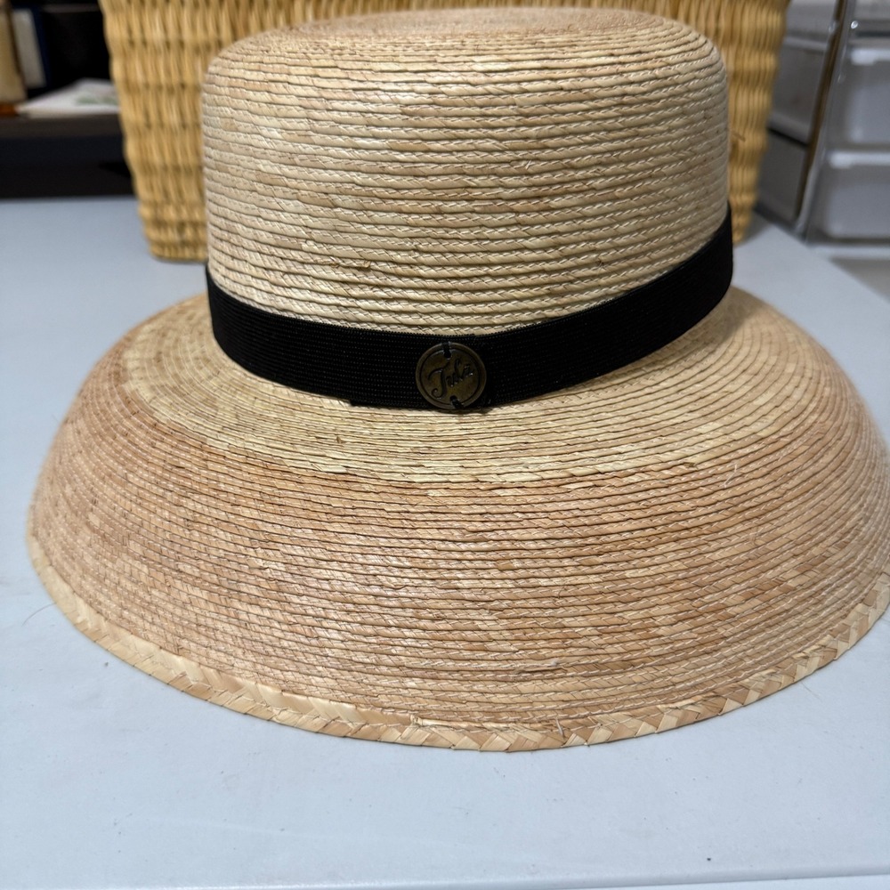 Tula Natural Palm Leaf Sun Hat Handwoven UPF 50+ Tan Black Ribbon Sold Out Style - Picture 6 of 7